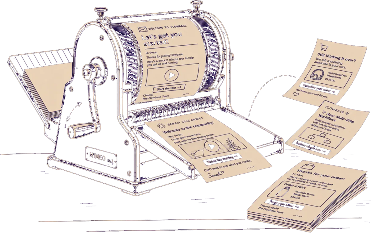 Illustration of a mimeograph machine cranking out email copies
